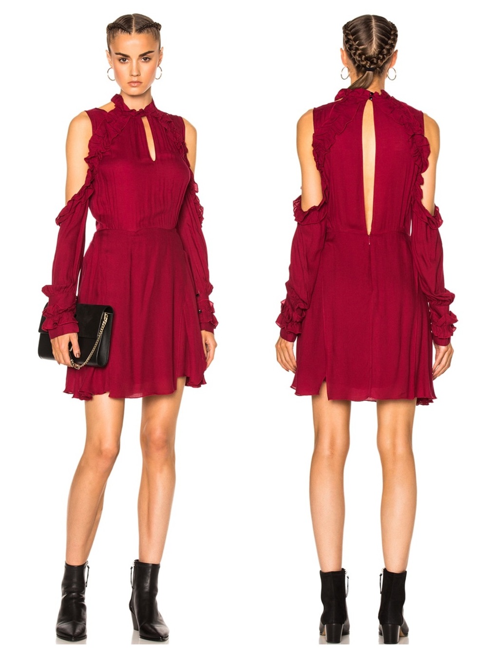 IRO Hanie Viscose Burnout Wine Cutout Cold-Shoulder Ruffle Mini Dress NWT $356